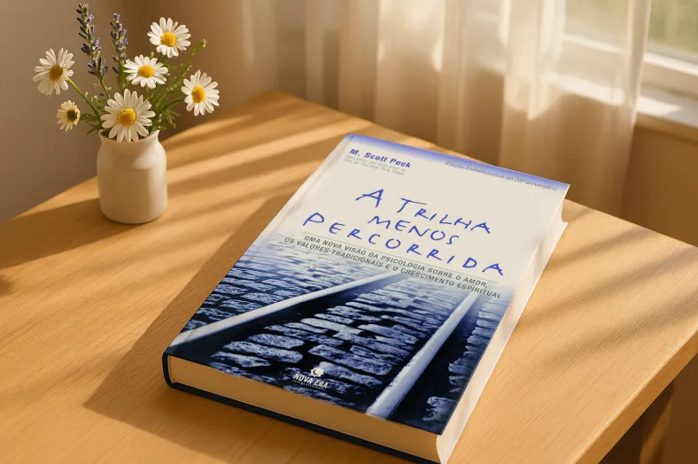Capa do livro "A Trilha Menos Percorrida" de M. Scott Peck sobre uma escrivaninha de madeira clara