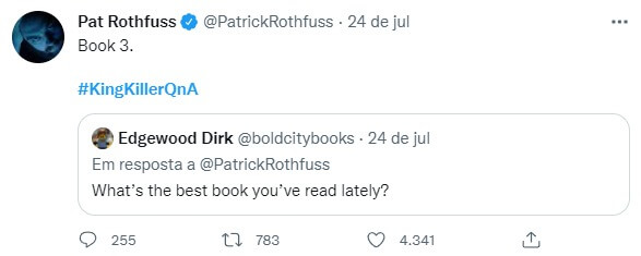 Tweet do escritor Patrick Rothfuss