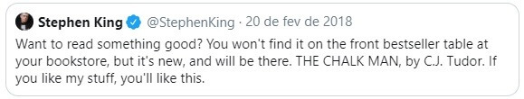 Twitter de Stephen King sobre CJ Tudor